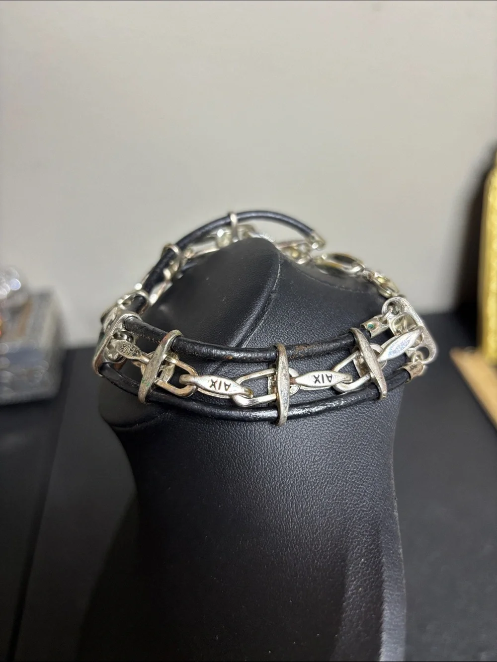 Vintage Armani Black Leather Silver Tone Link Bracelet Unisex